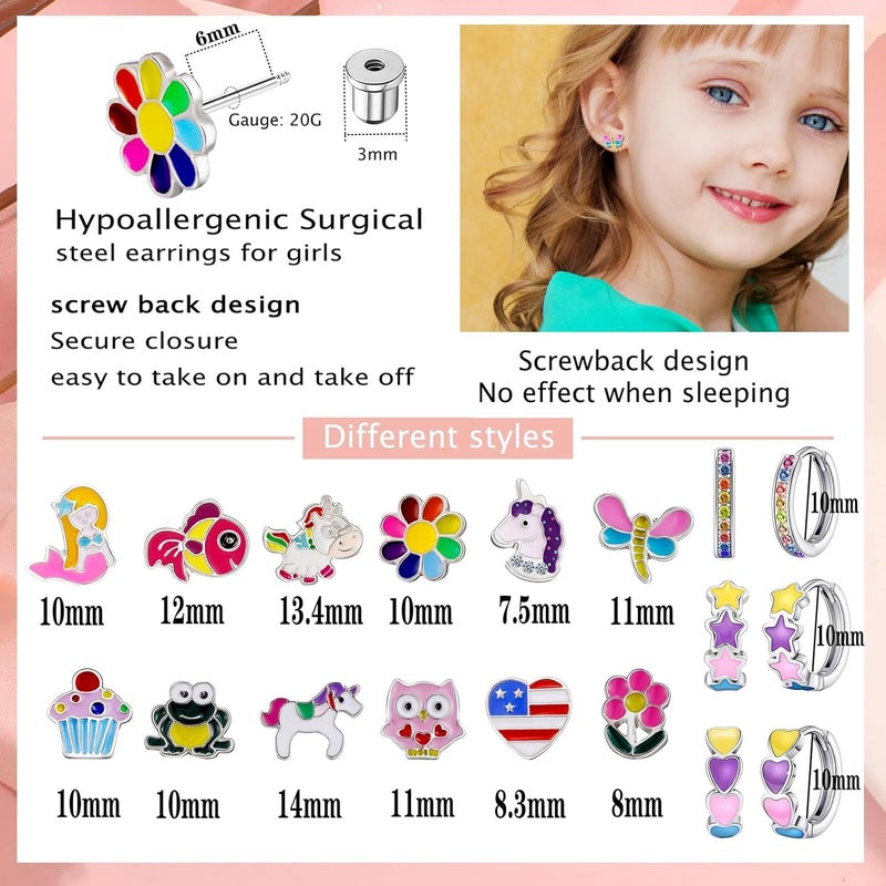 SYNLIN 15 Pairs Stud Earrings Set :12 Pairs Unique Cartoon Flat Back Earrings & 3 Pairs Mini Hoops with Stainless Steel Posts and Screwback Earring - Image 2